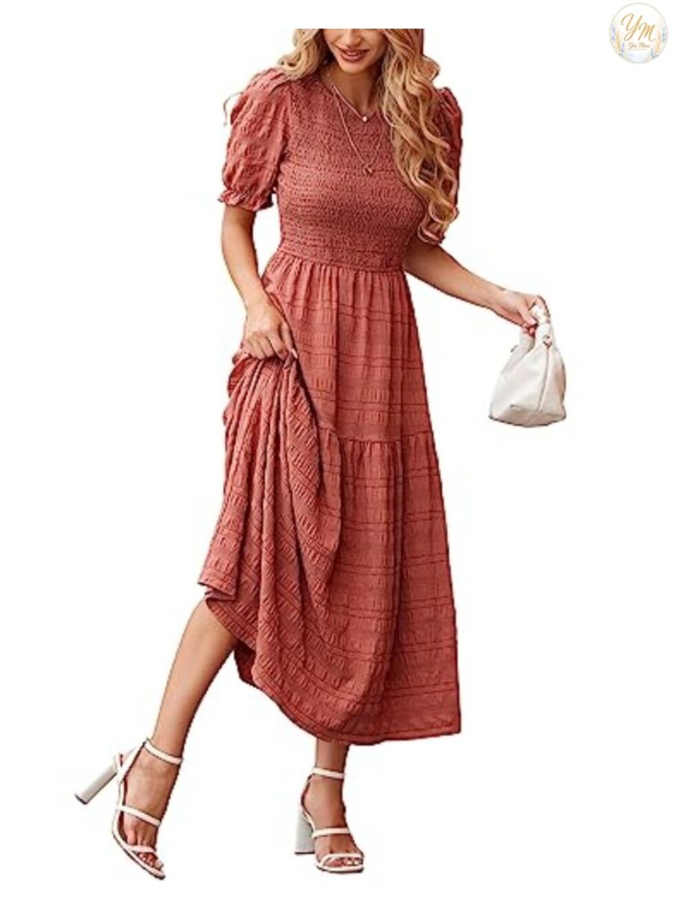 Women's Smocked Ruffle Maxi Dress Puff Sleeve Tiered A-Line